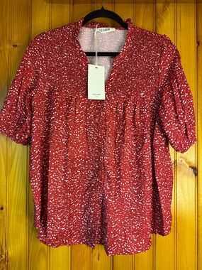 Grace Karin Red and White Smocked Button-Front Blouse